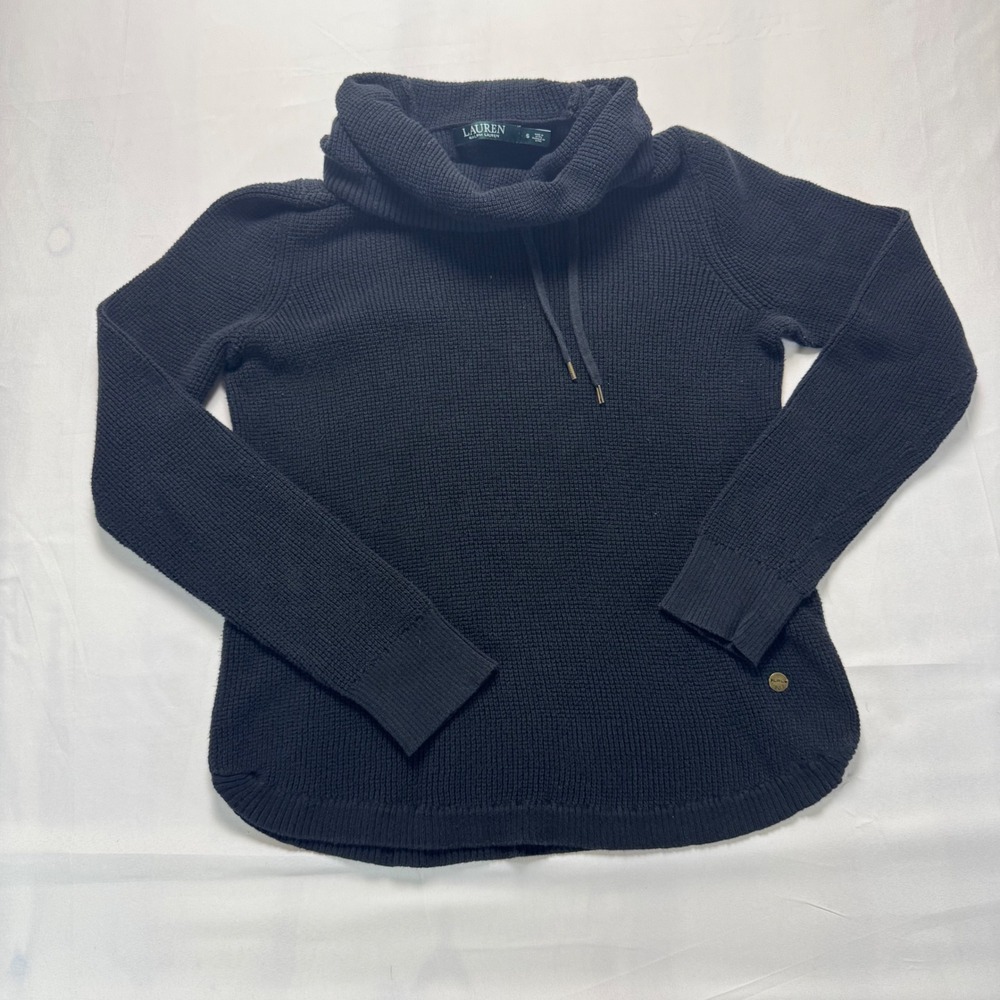 Ralph Lauren Women's Black Cowl Neck Waffle Knit Sweater Size S Cozy Long Sleeve